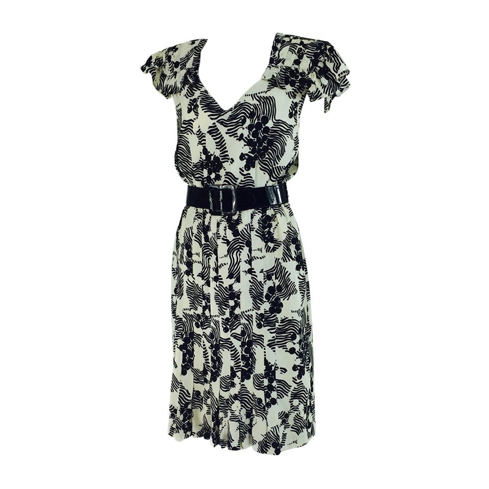1990s Andre Laug black & white silk ruffle shoulder dress