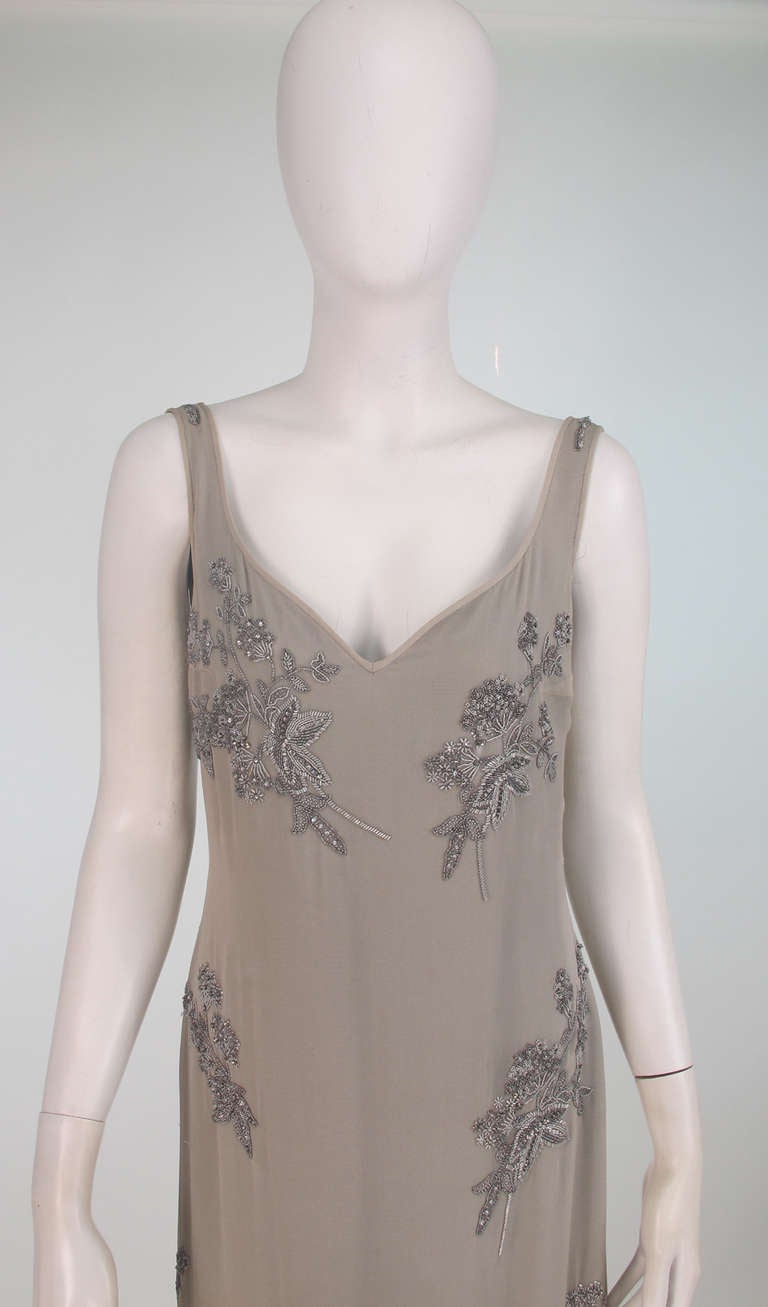 1990s Georgio Armani dove grey beaded silk gown 1