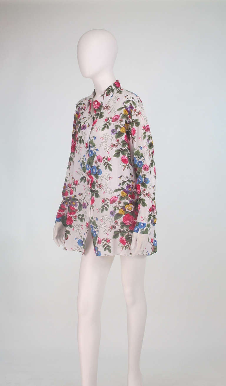 1980s Manuel Canovas rose floral batiste big shirt...Classic Canovas design in a light as air cotton...Long sleeve, button front 
