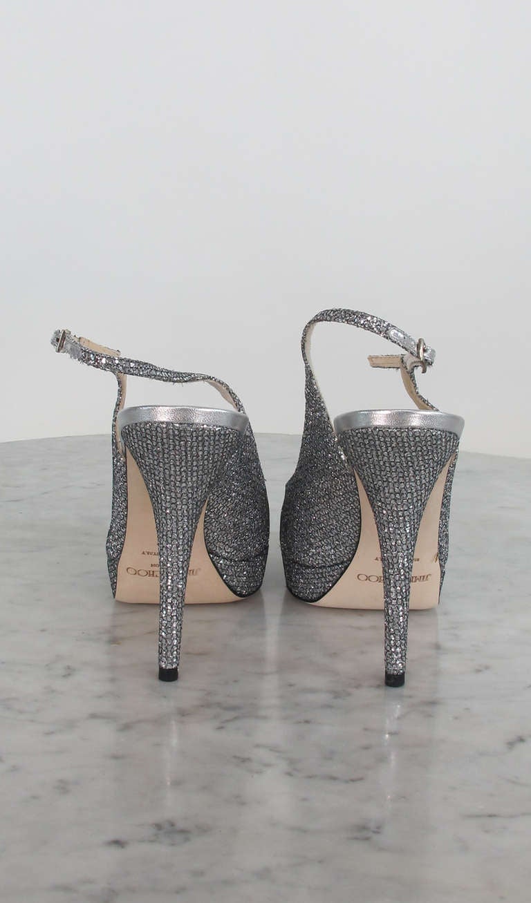 Jimmy Choo Silver rhinestone bow peep toe sling back pumps NIB In New Condition In West Palm Beach, FL