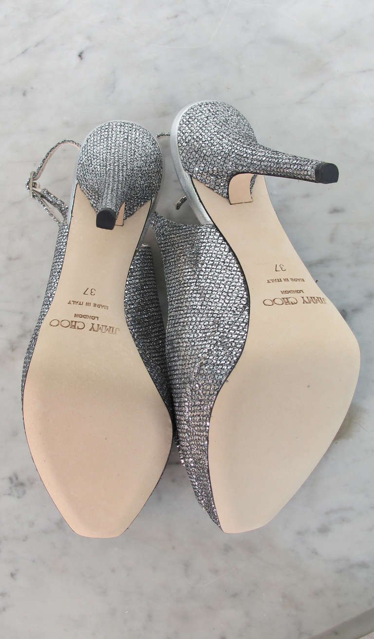 Jimmy Choo Silver rhinestone bow peep toe sling back pumps NIB 2