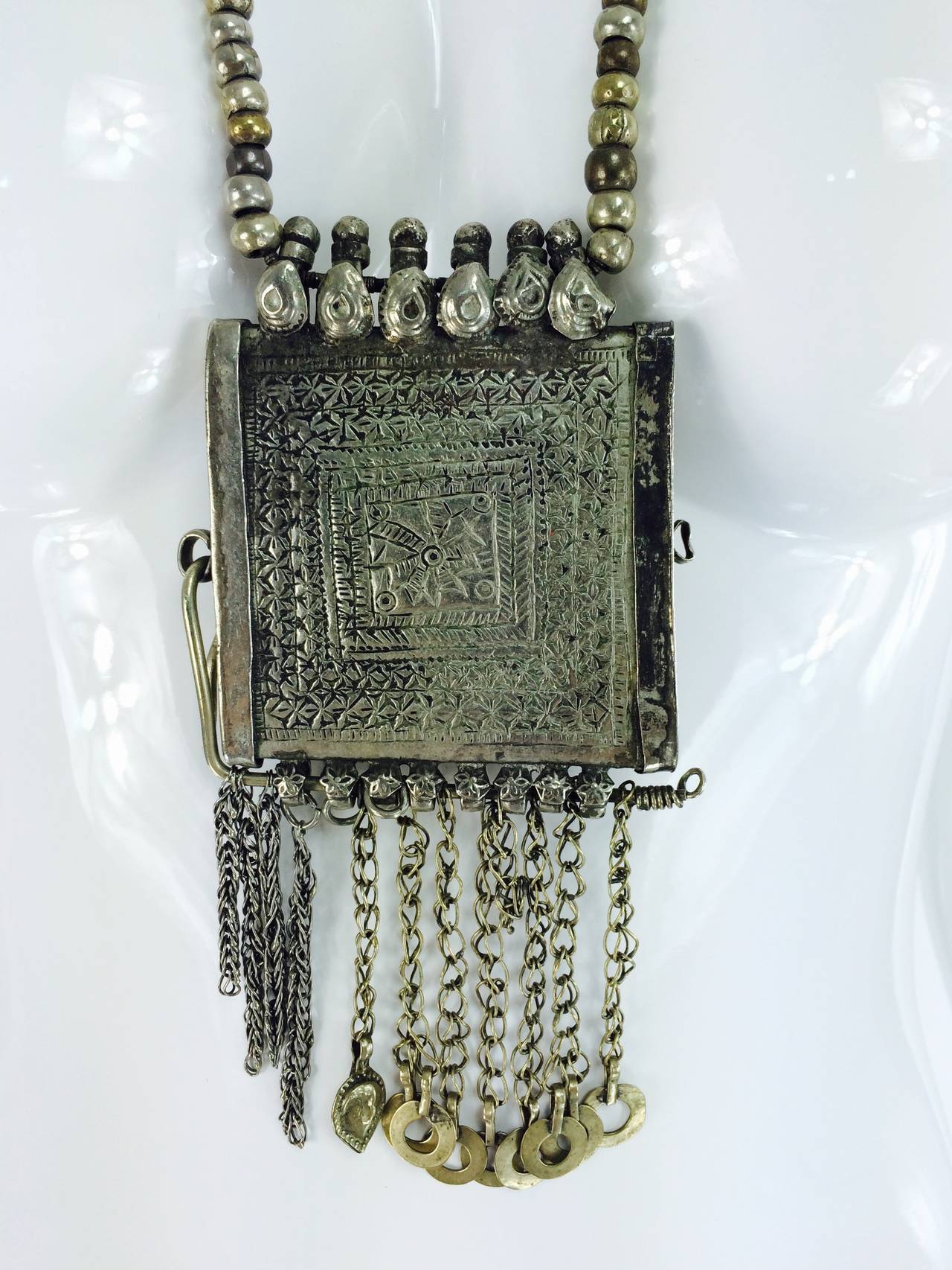 Mid 20th. C Yemeni tribal handmade silver bead & amulet necklace 1