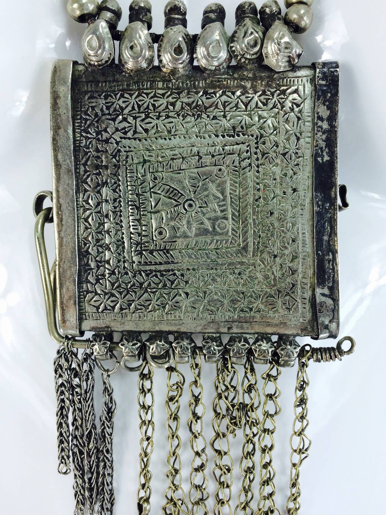 Mid 20th. C Yemeni tribal handmade silver bead & amulet necklace 3