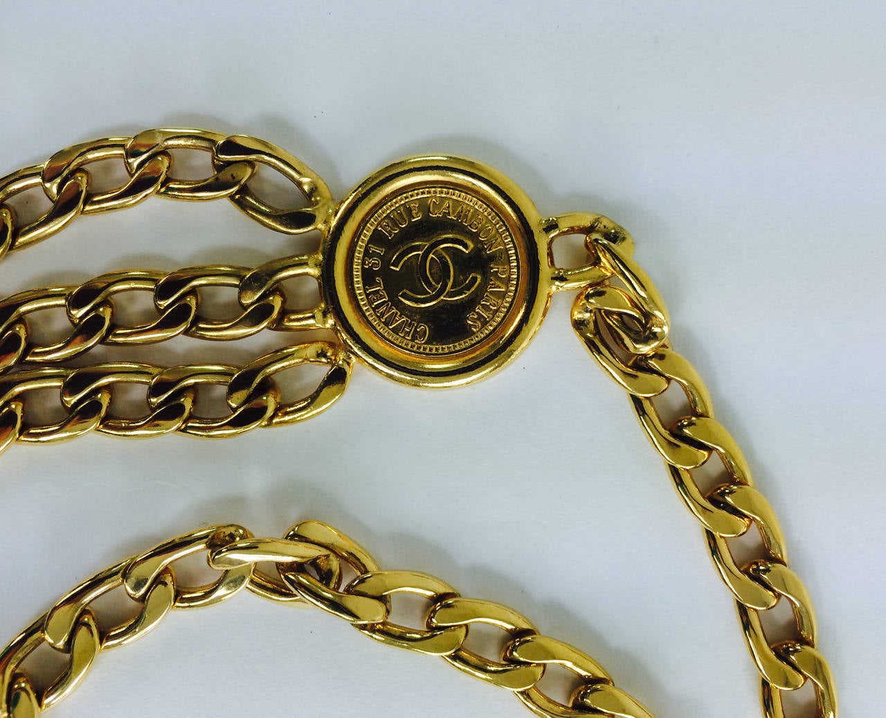 Brown Chanel classic gold triple chain belt