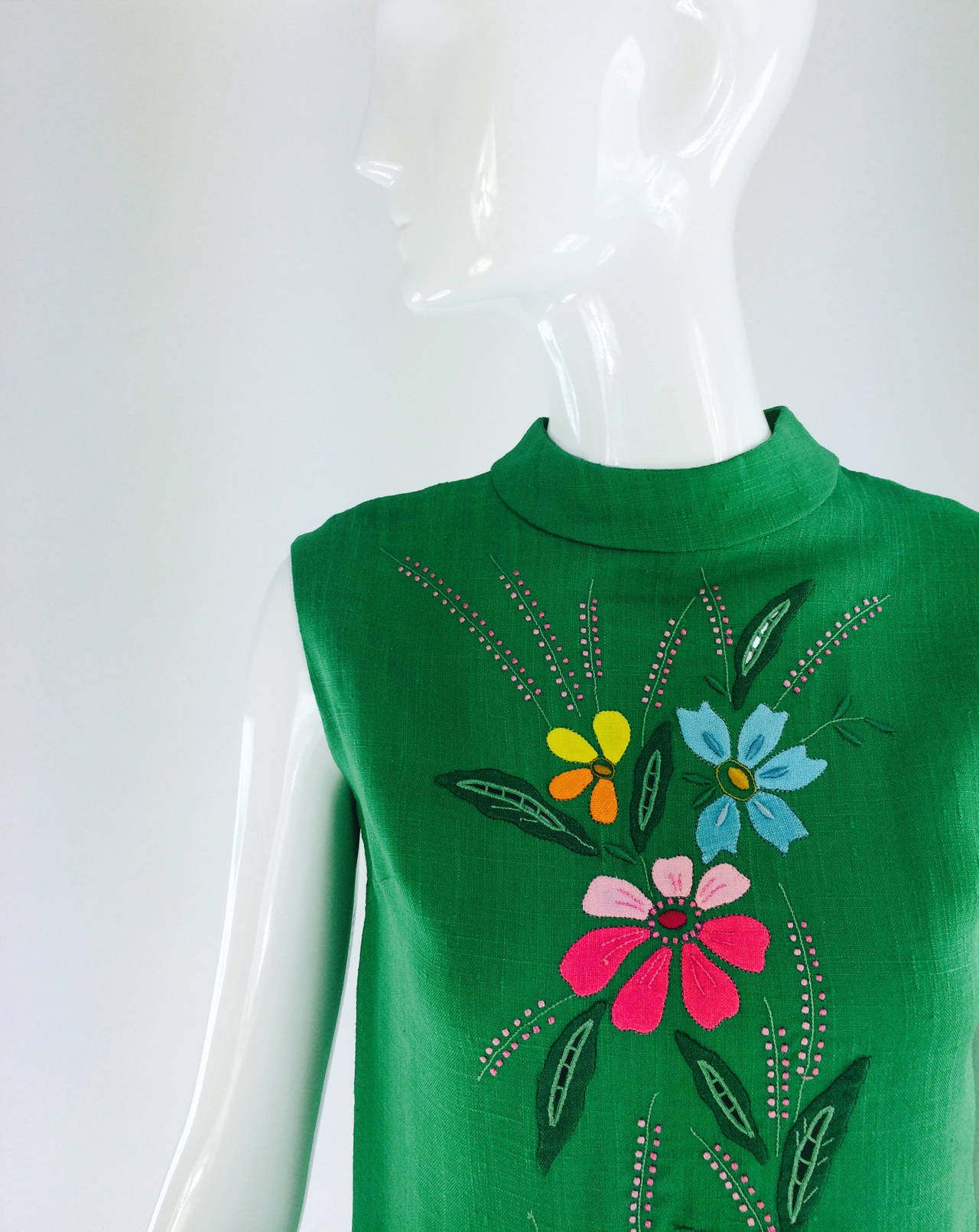 1960s colourful Madeira applique linen shift dress