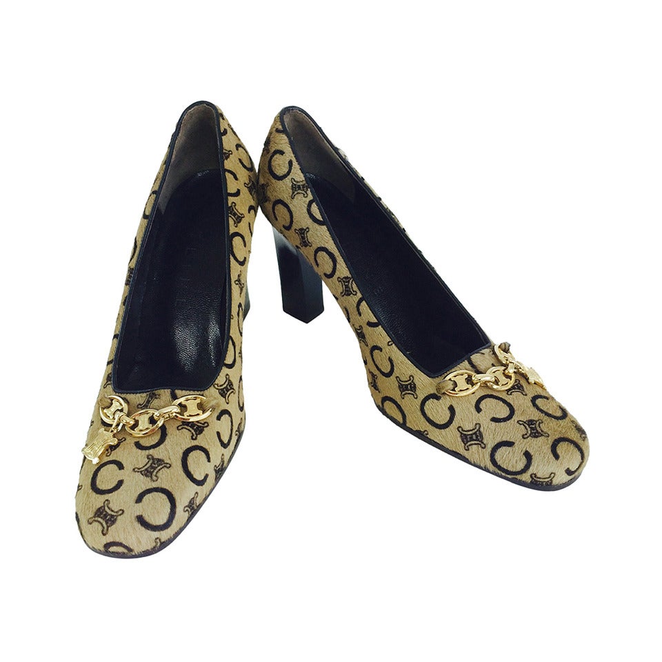 Celine stenciled pony hair logo pumps with gold hardware 37 unworn