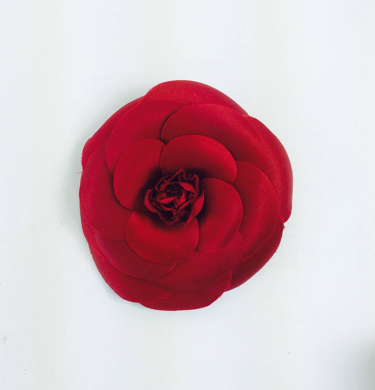Chanel large deep red silk camellia flower pin in box at 1stDibs
