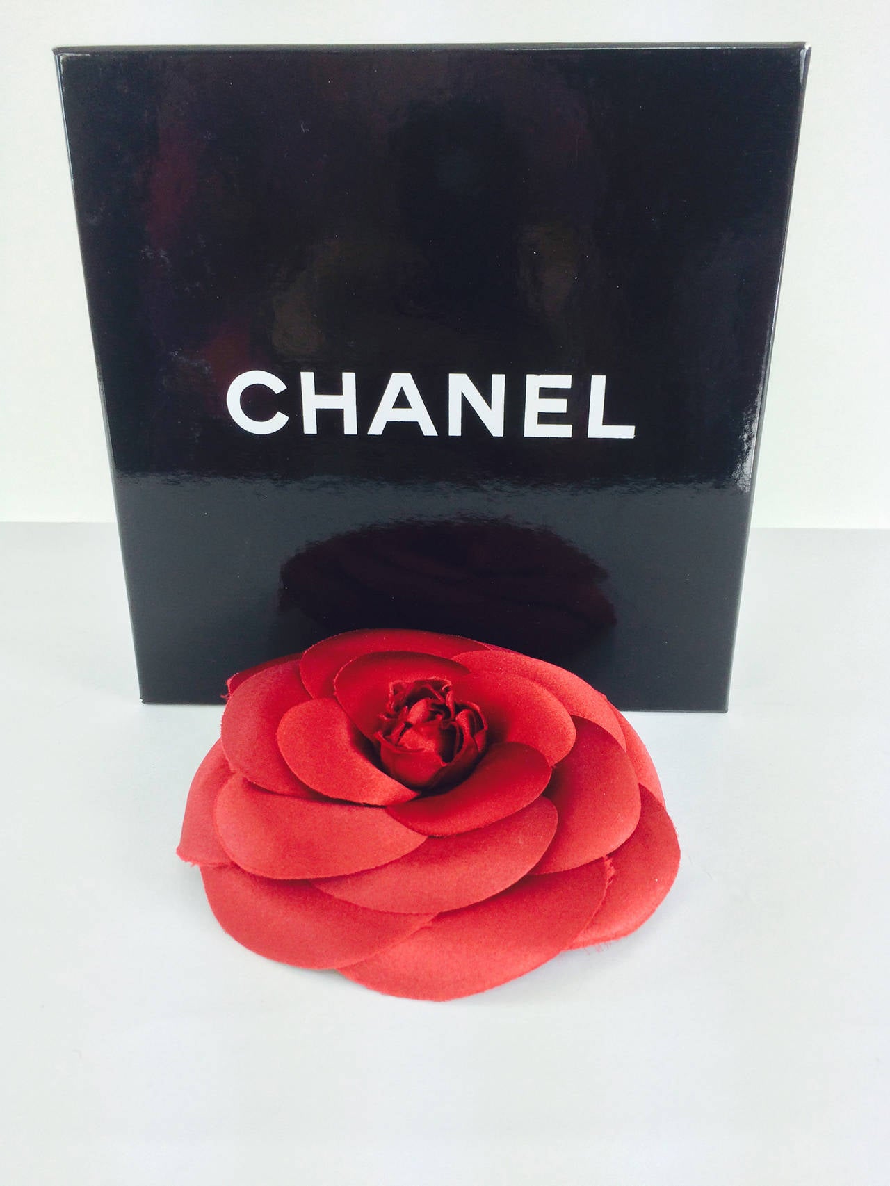 Chanel large deep red silk camellia flower pin in box at 1stDibs