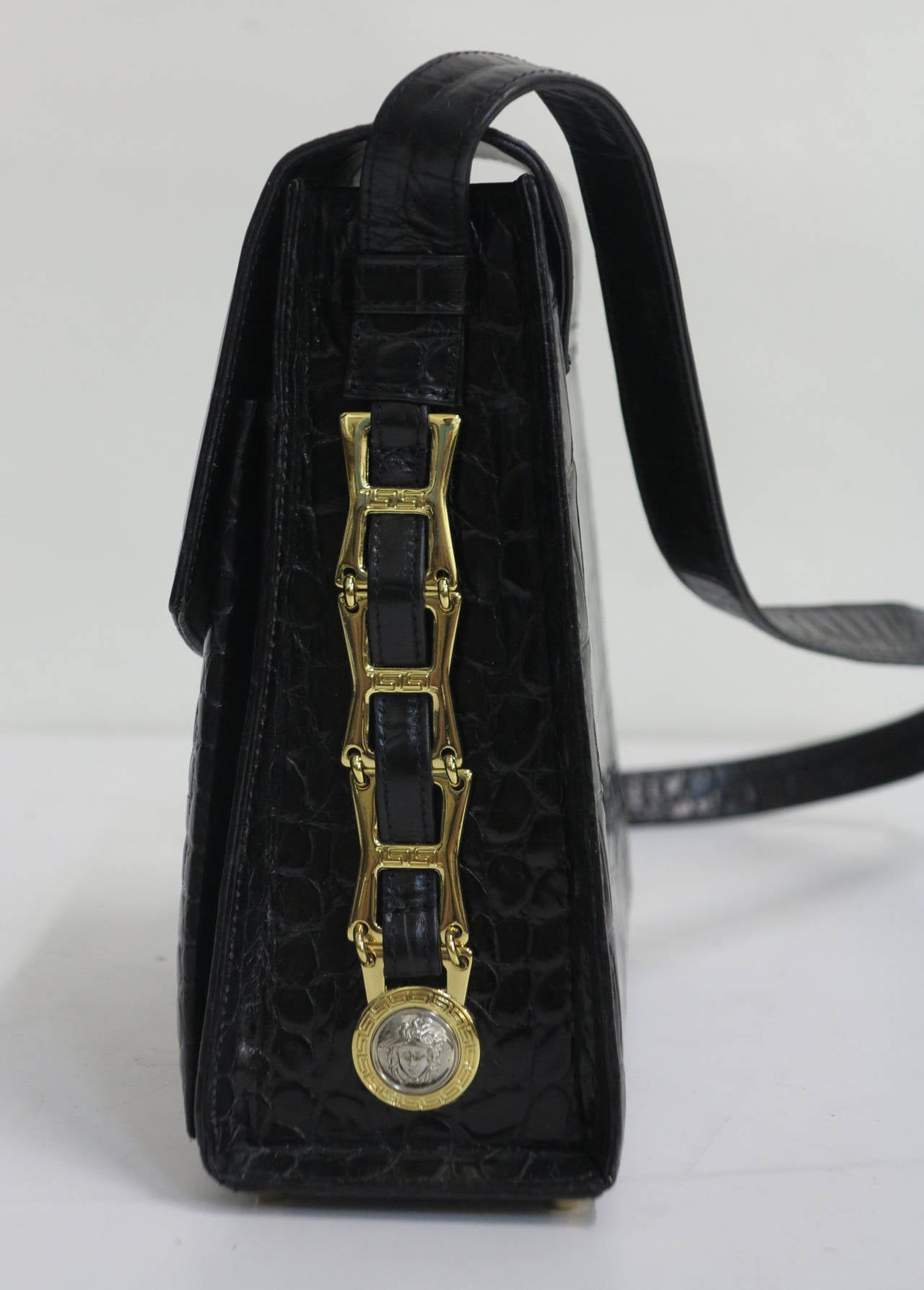 Black Versace Medusa black alligator embossed leather hand bag