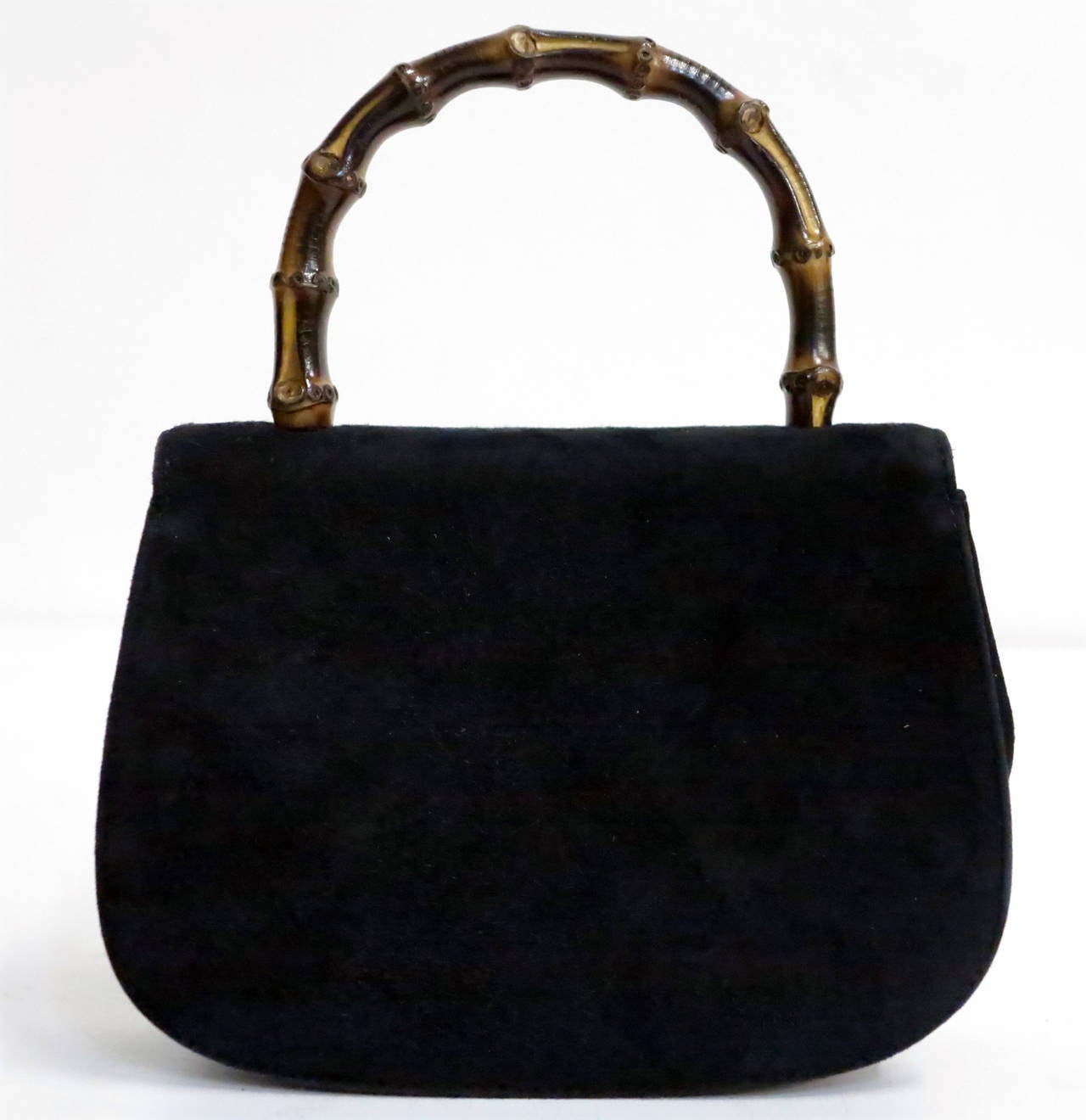 Vintage Gucci mini bamboo handle handbag in black suede In Excellent Condition In West Palm Beach, FL