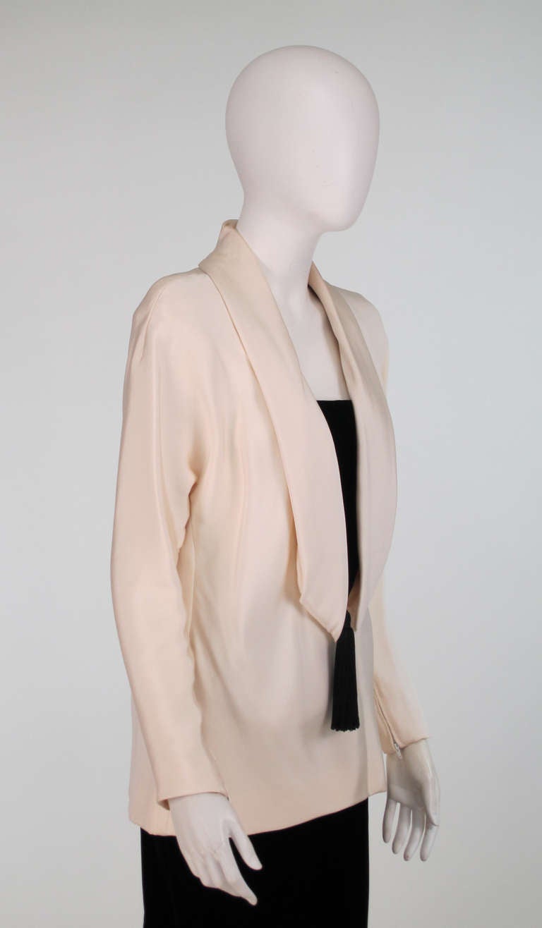 1990s Jacqueline de Ribes black velvet & ivory silk tassel top & skirt 1