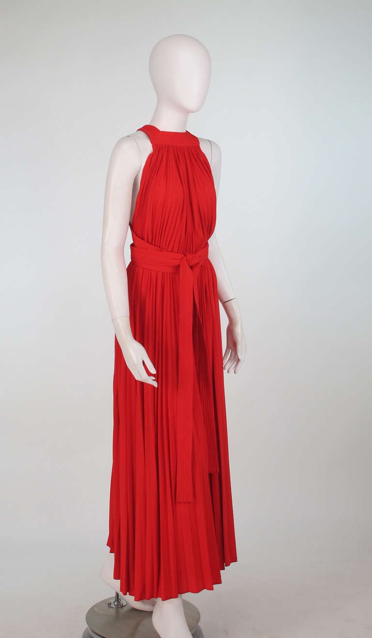 1960s Adele Simpson tomato red halter neck pleated maxi dress at 1stDibs