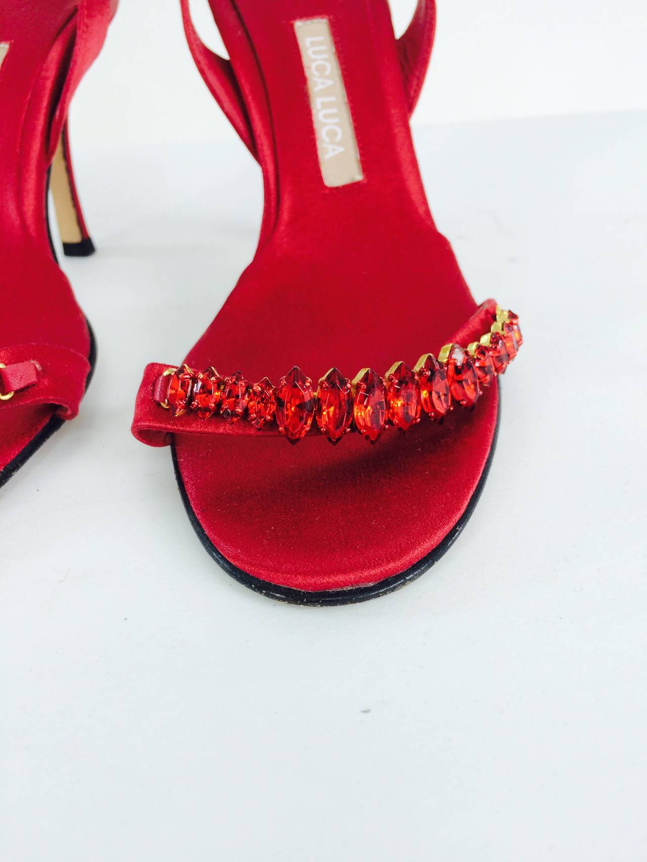 Gorgeous red silk high heel sling back evening sandals with a band of marquise cut 