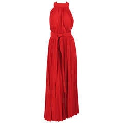 Vintage 1960s Adele Simpson tomato red halter neck pleated maxi dress