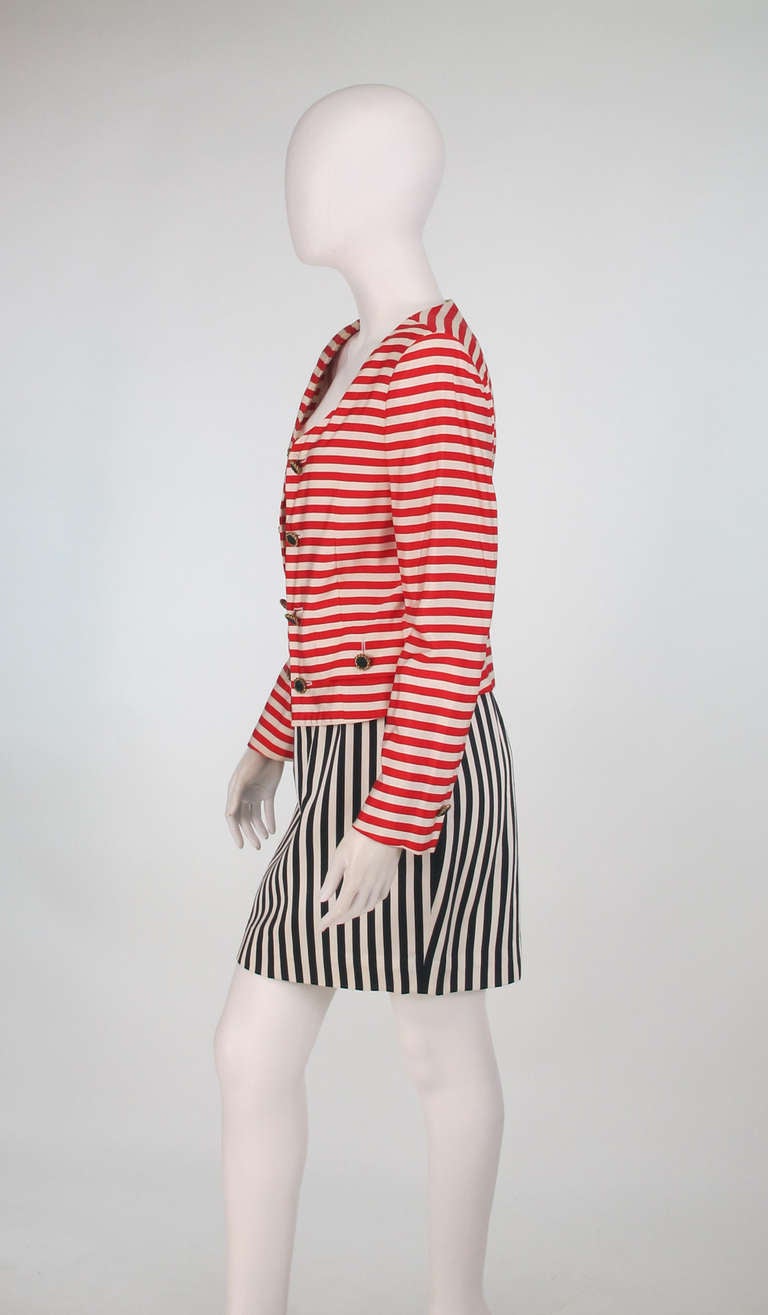 Beige 1980s Moschino red/black/white stripe skirt set