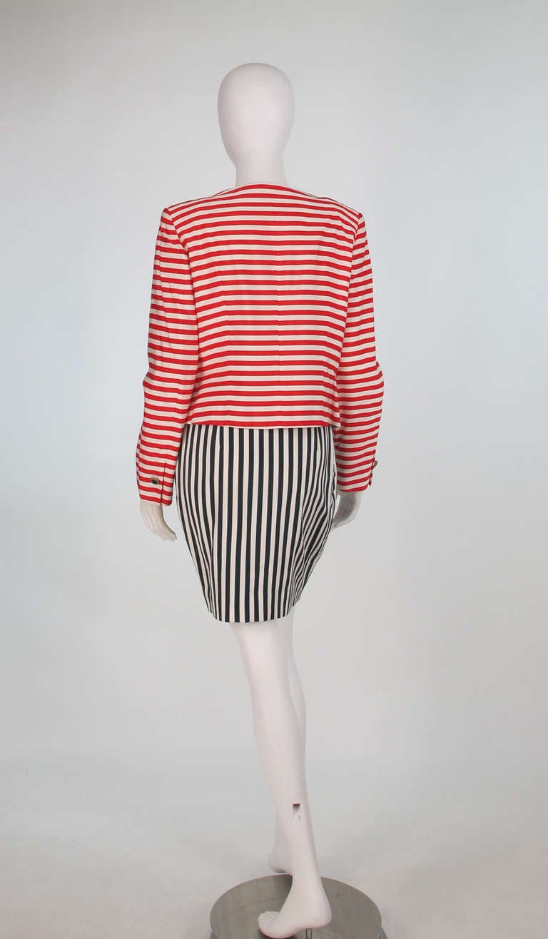 1980s Moschino red/black/white stripe skirt set In Excellent Condition In West Palm Beach, FL