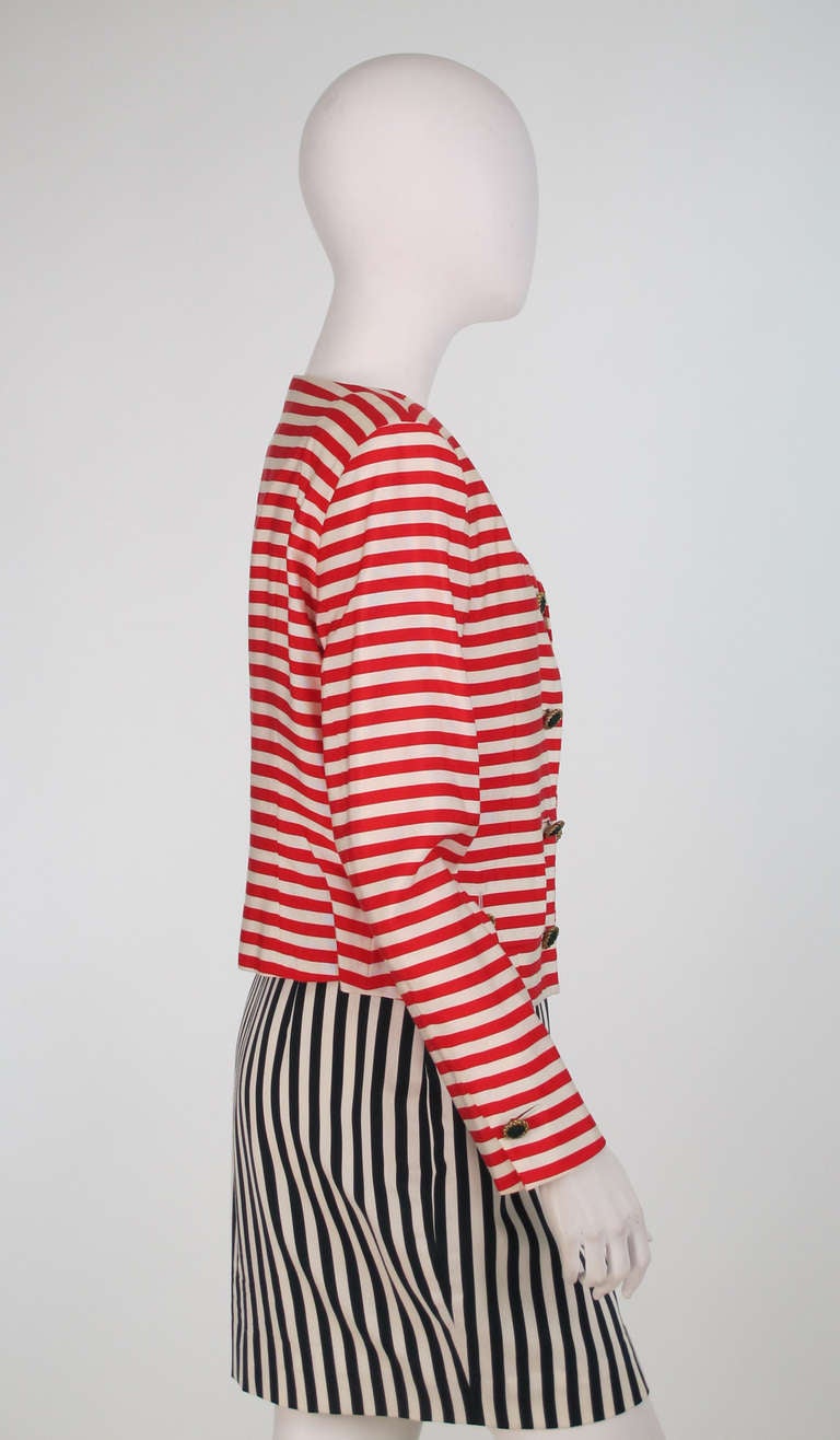 1980s Moschino red/black/white stripe skirt set 1