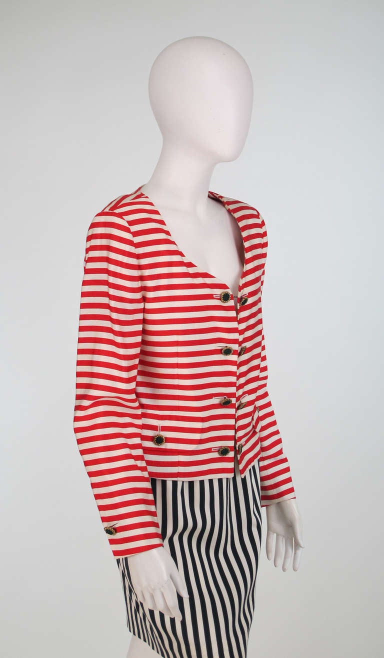 1980s Moschino red/black/white stripe skirt set 2