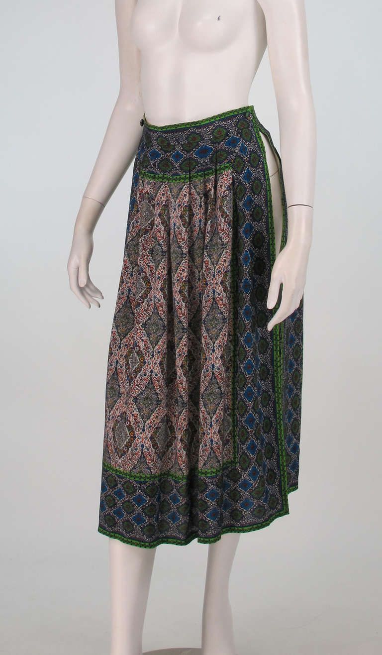 1960s J.Tiktiner mix silk print tabbard skirt to be worn over slim fitting trousers or tights...J. tiktiner, began in 1949 and was located in Nice, France, best known for their chic 