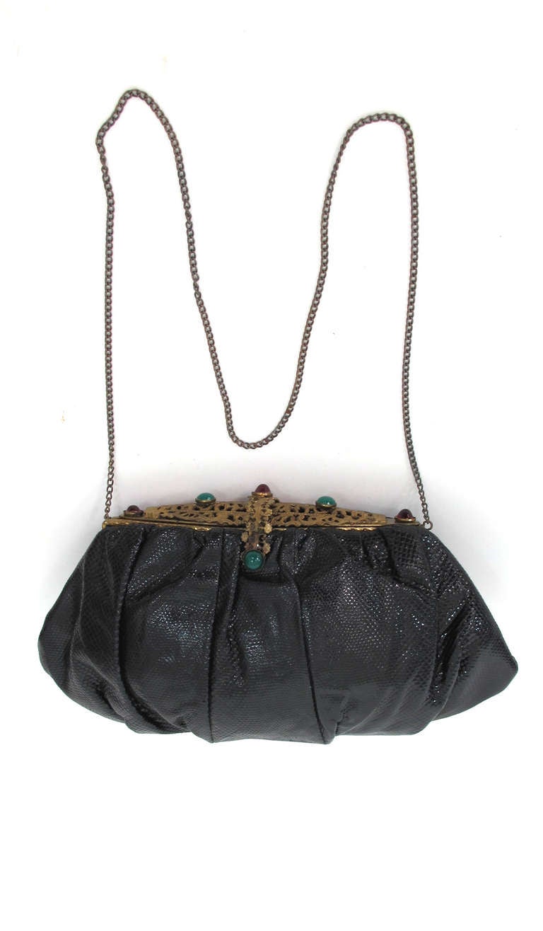 Rare 1960s Jacomo Paris jewel frame black lizard evening bag In Excellent Condition In West Palm Beach, FL