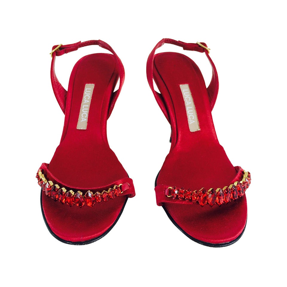 Luca Luca red silk & marquise ruby jewel evening high heel sandals