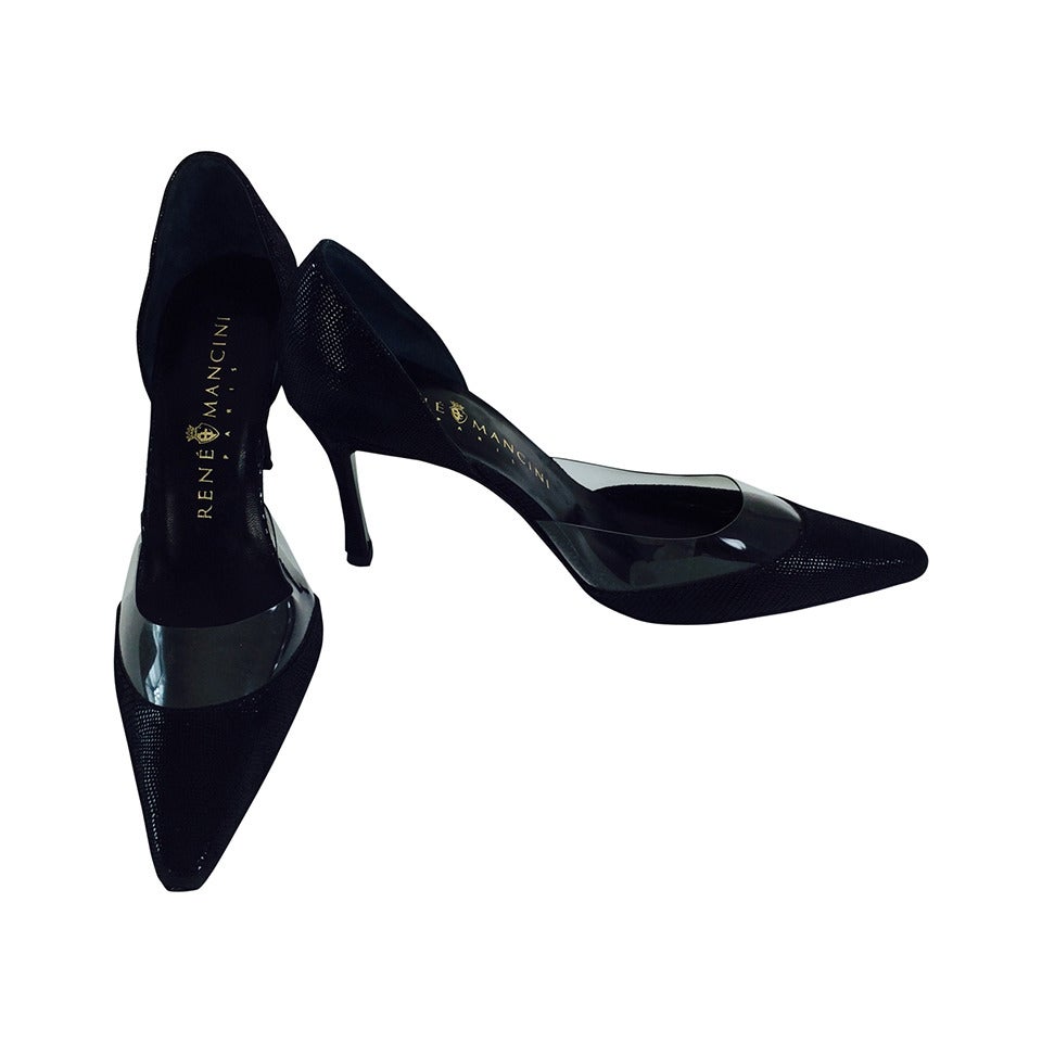 Rene Mancini Paris black textured leather and acrylic pumps 37 new For ...