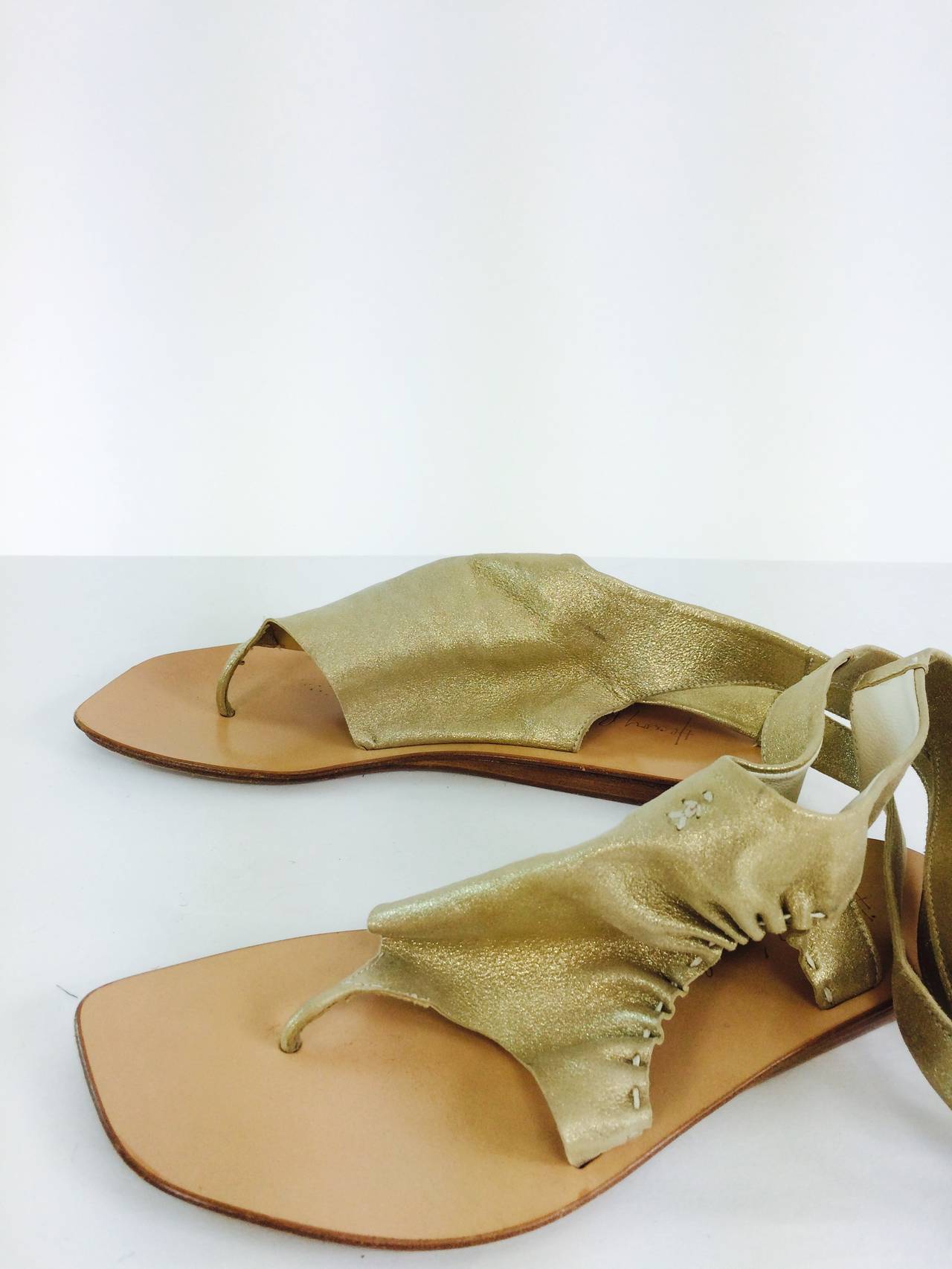 Henry Beguelin gold soft leather ankle wrap thong sandals, leather soles, barely worn marked size 38