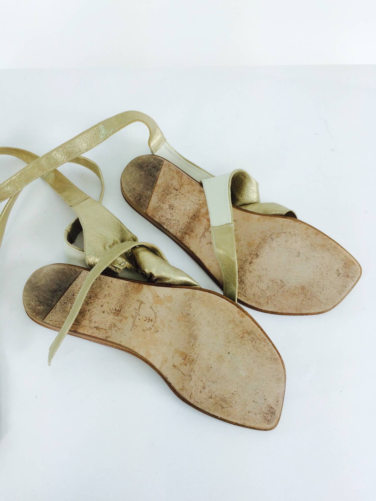 Henry Beguelin gold soft leather ankle wrap thong sandals 38 4