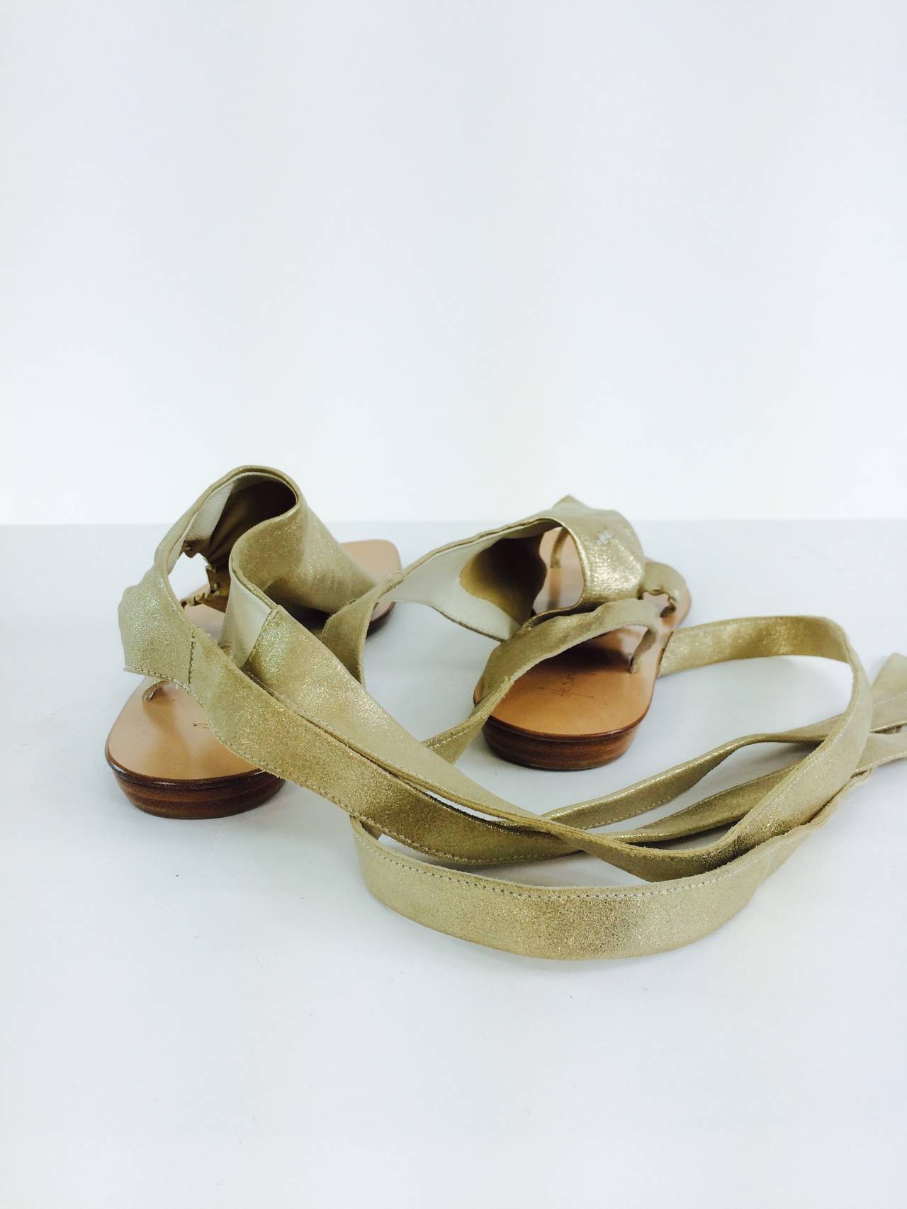 Women's Henry Beguelin gold soft leather ankle wrap thong sandals 38