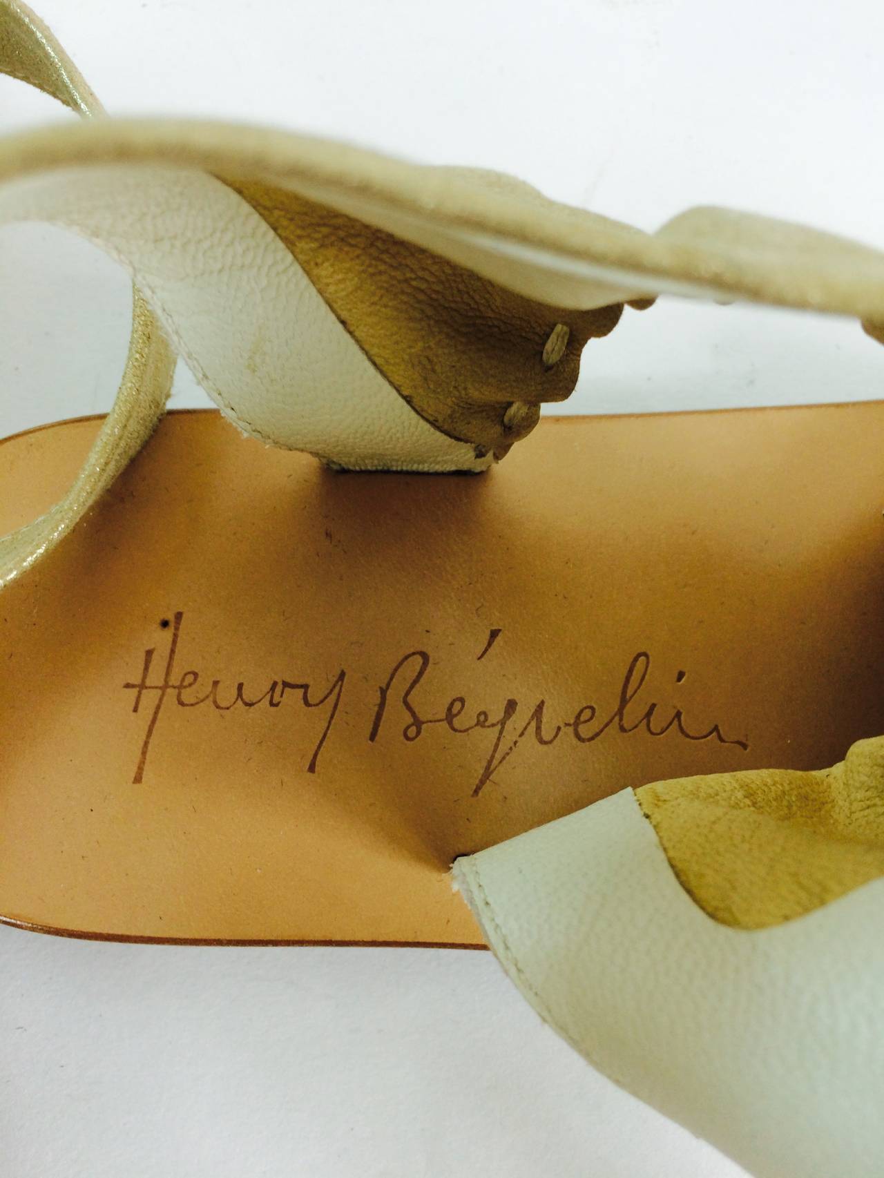 Henry Beguelin gold soft leather ankle wrap thong sandals 38 1