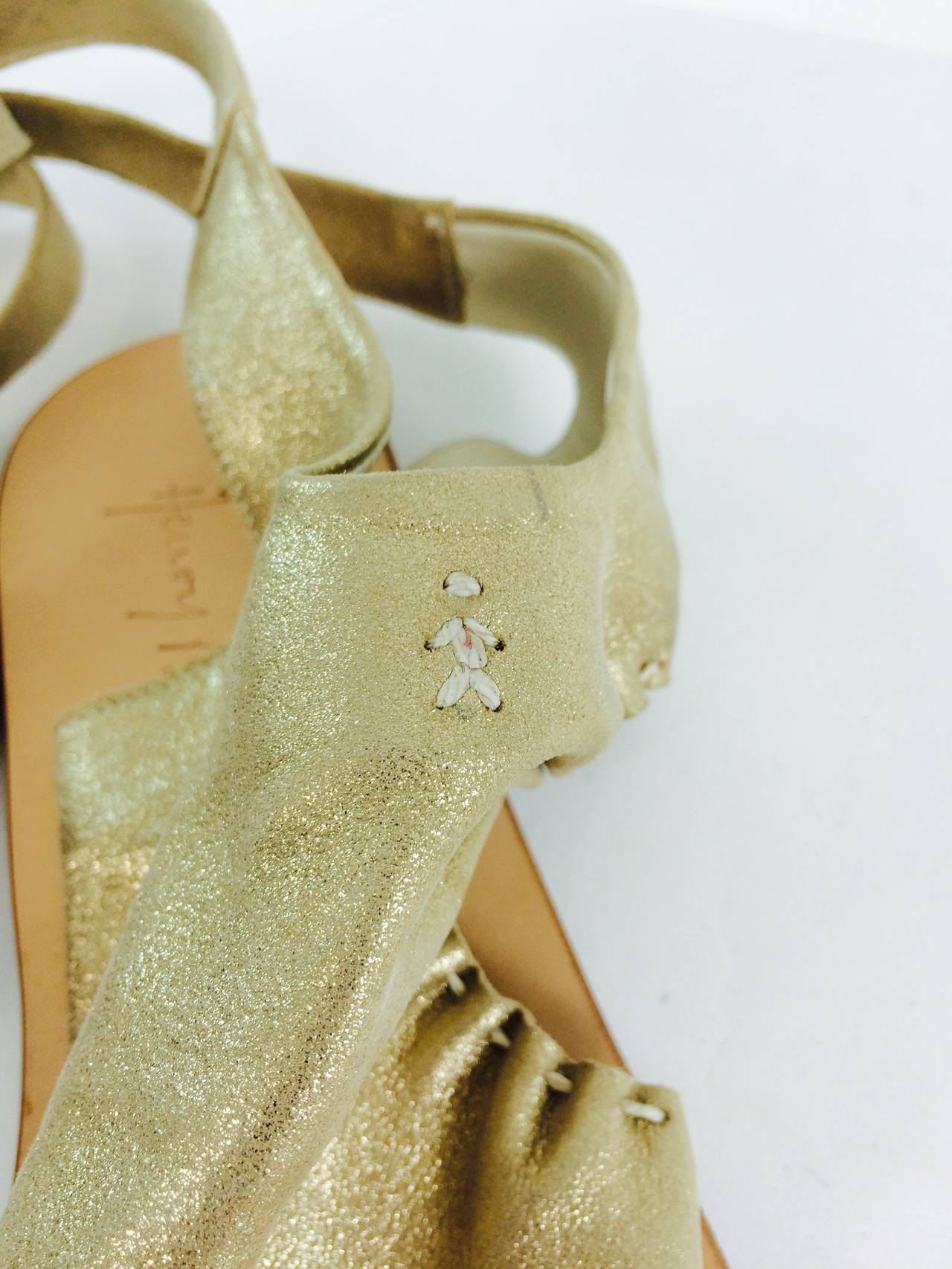 Henry Beguelin gold soft leather ankle wrap thong sandals 38 3