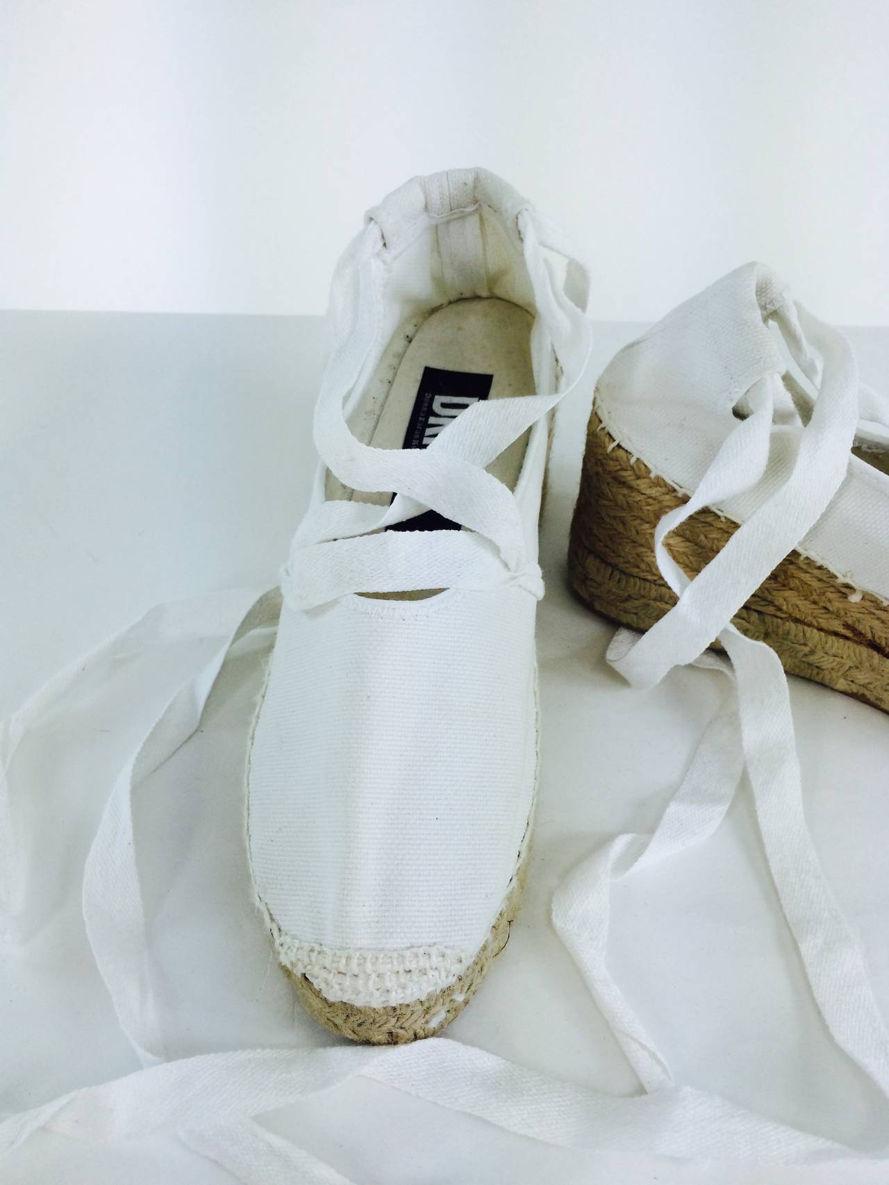 1980s DKNY white lace up wedge espadrilles unworn 9M