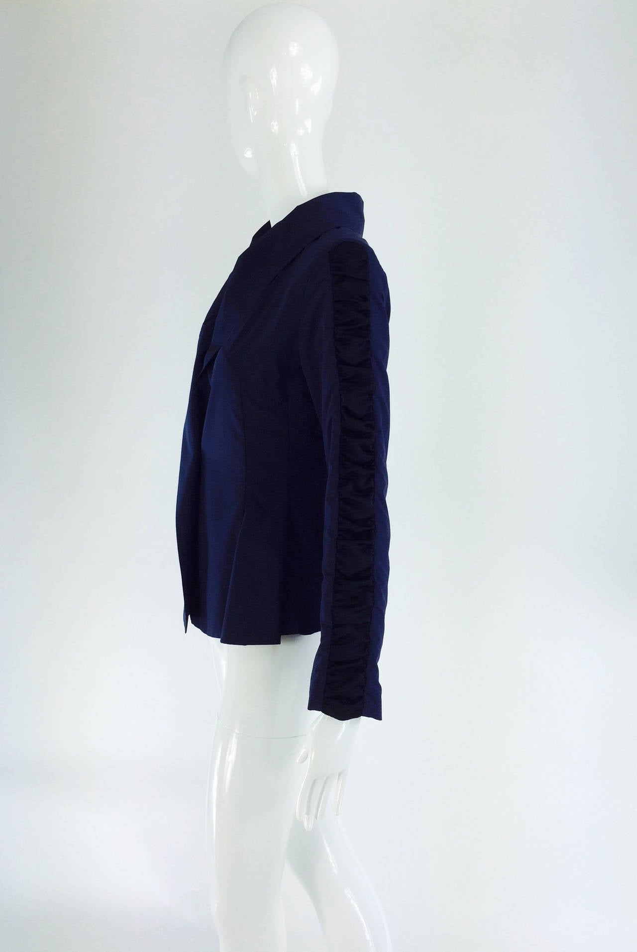 Women's Issey Miyake ink blue curved back ruched band sleeve jacket