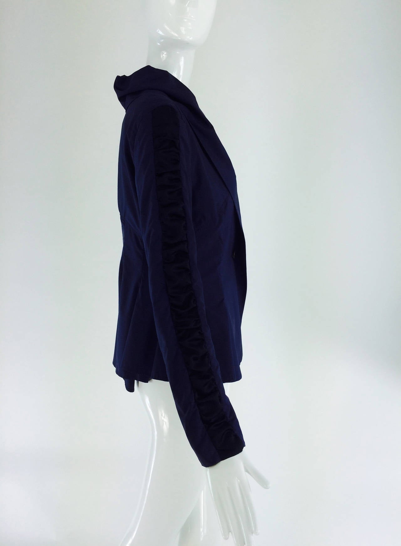Issey Miyake ink blue curved back ruched band sleeve jacket 1