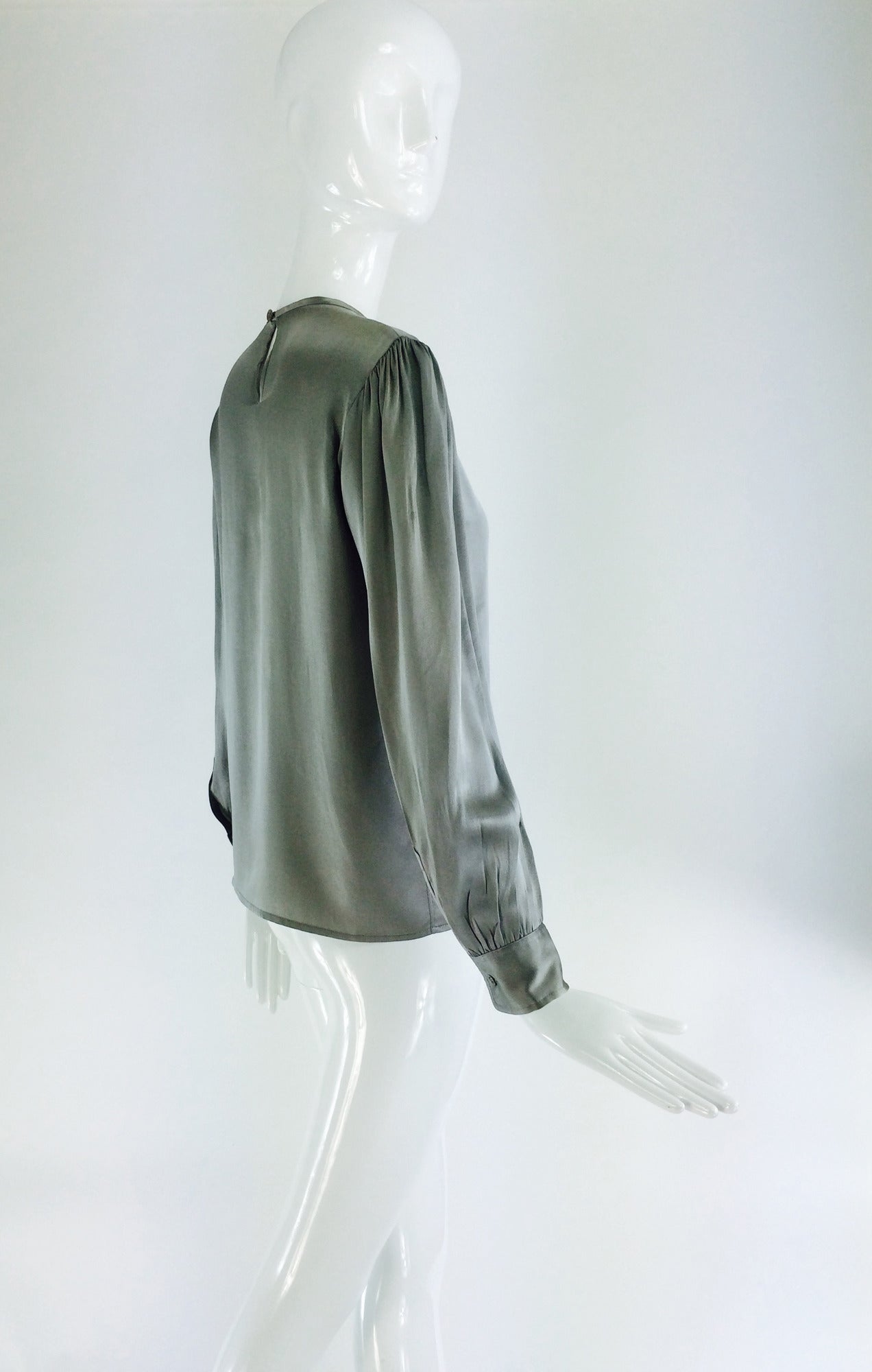 Women's 1970s Yves St Laurent silver grey silk satin pleat front blouse