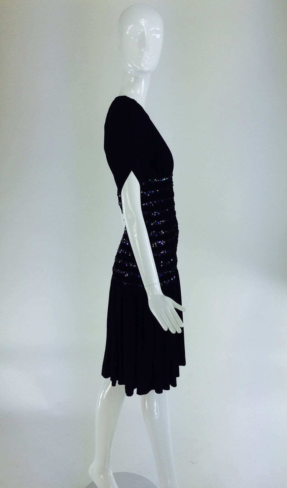 1971 Yves St Laurent Liberation collection black crepe sequin dress In Excellent Condition In West Palm Beach, FL