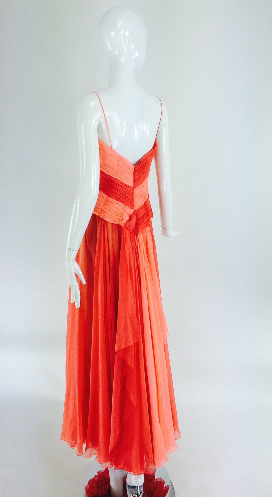 Women's Loris Azzaro goddess gown in coral/peach silk chiffon 1970s