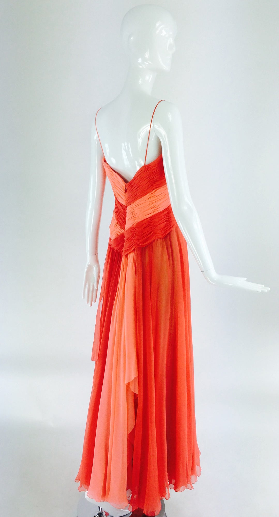 Loris Azzaro goddess gown in coral/peach silk chiffon 1970s In Excellent Condition In West Palm Beach, FL