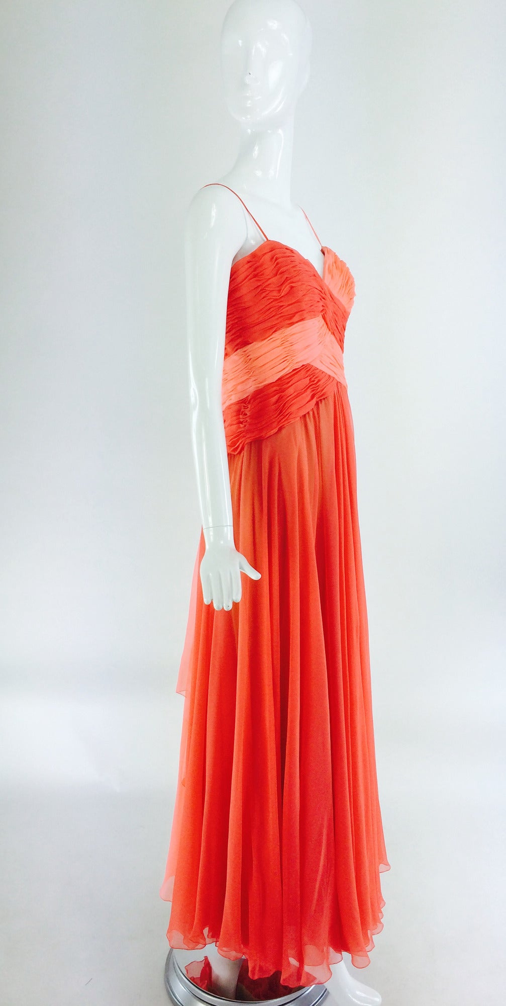 Red Loris Azzaro goddess gown in coral/peach silk chiffon 1970s