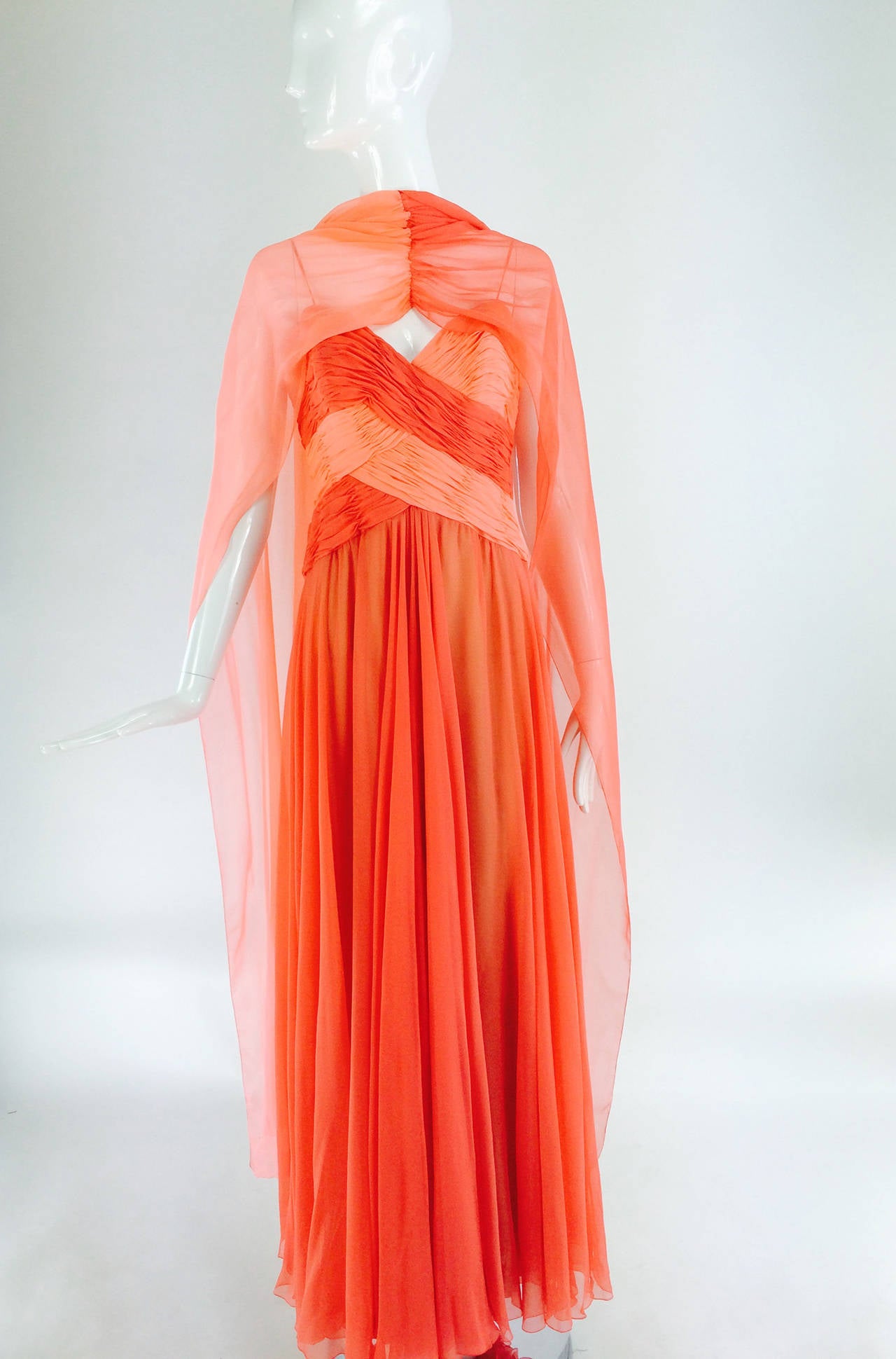 Loris Azzaro goddess gown in coral/peach silk chiffon 1970s 3