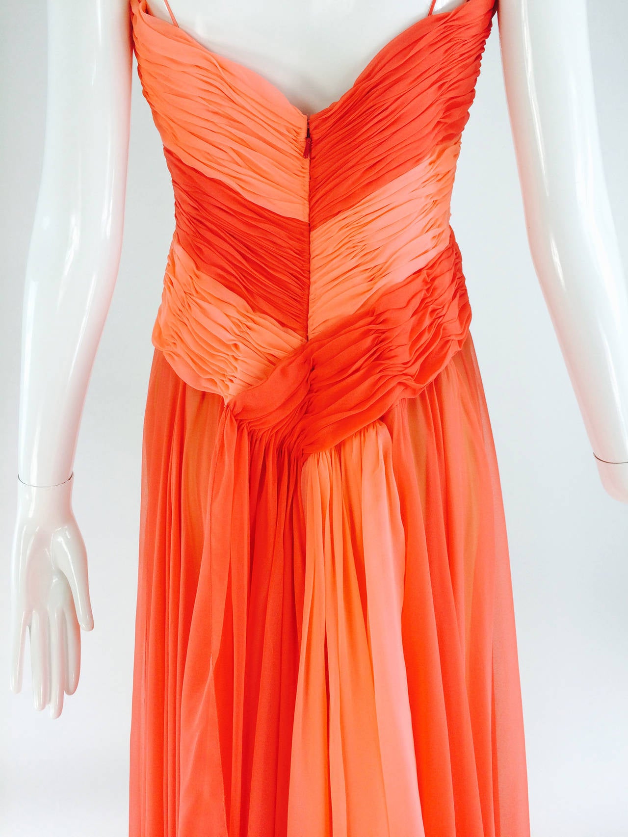 Loris Azzaro goddess gown in coral/peach silk chiffon 1970s 2