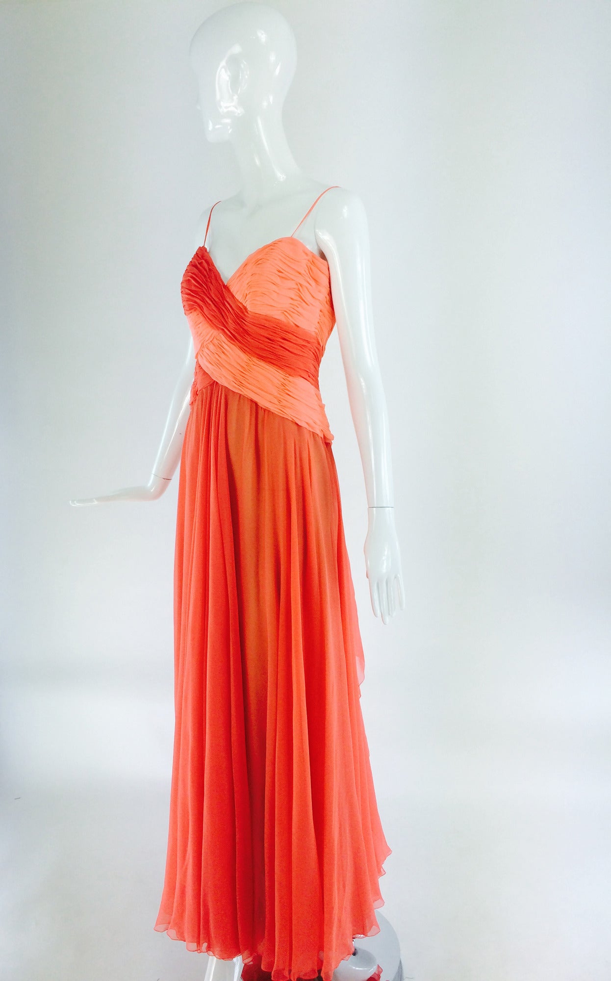 Loris Azzaro goddess gown in coral/peach silk chiffon 1970s 1