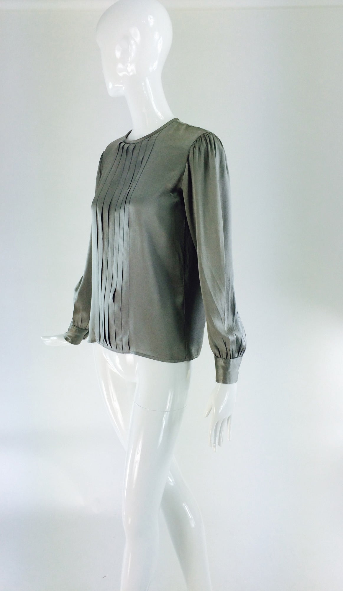 1970s Yves St Laurent silver grey silk satin pleat front blouse 3