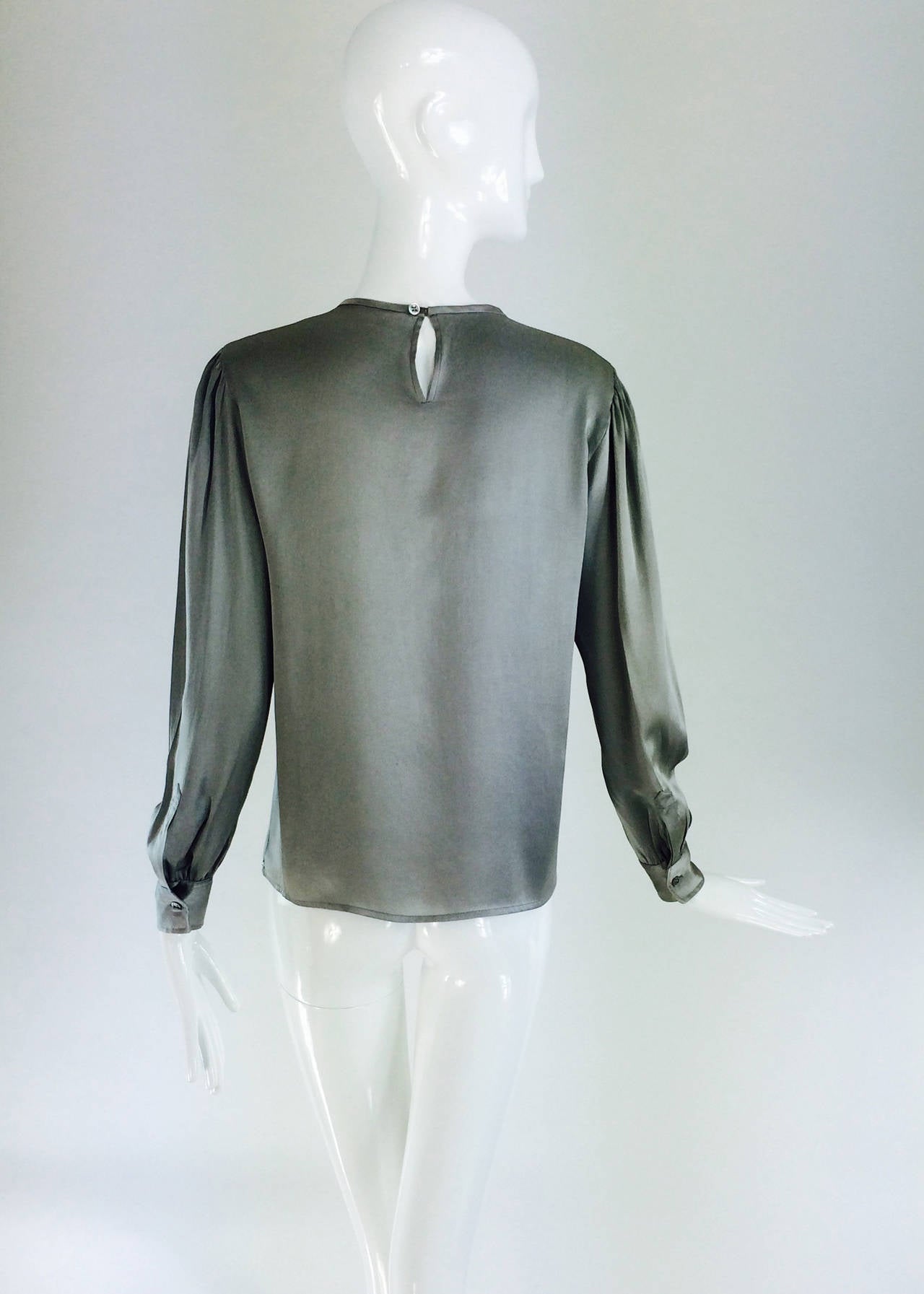 1970s Yves St Laurent silver grey silk satin pleat front blouse 1