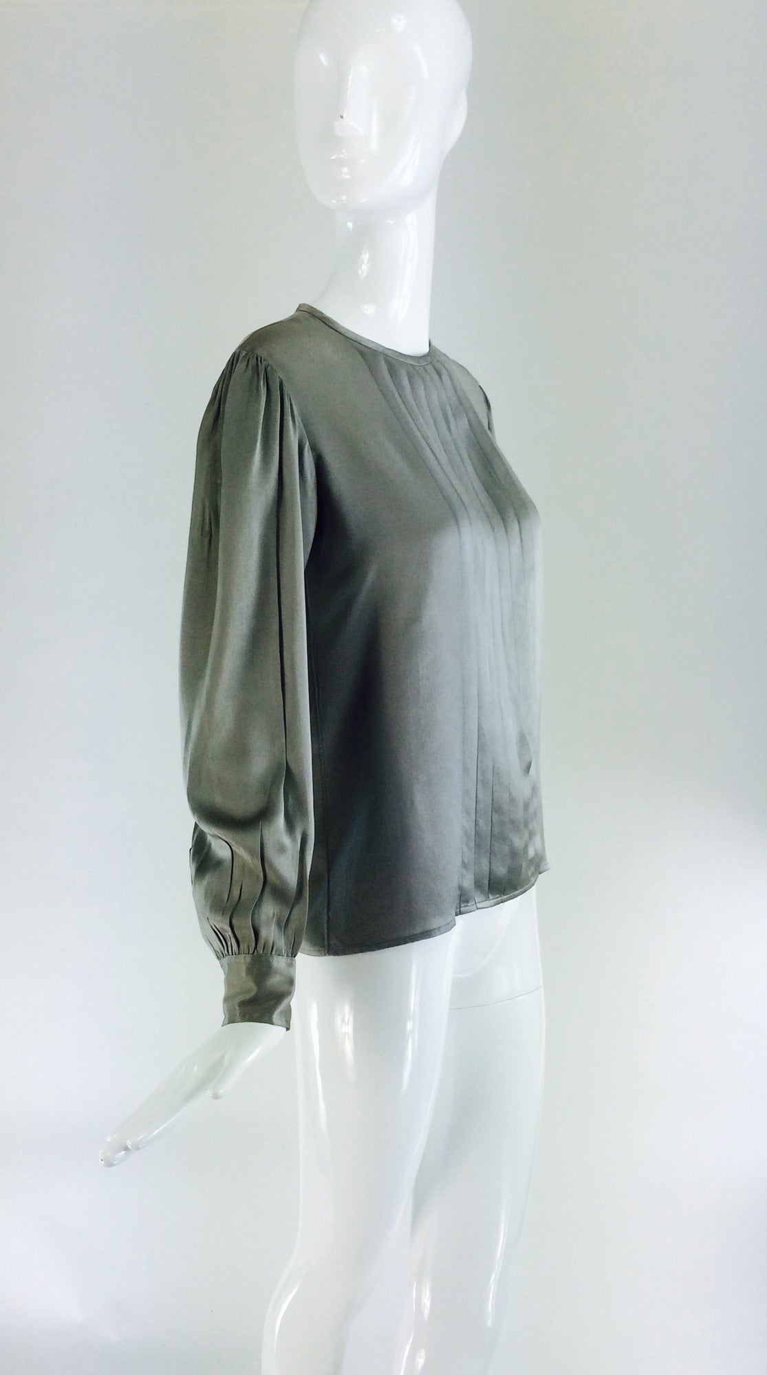 1970s Yves St Laurent silver grey silk satin pleat front blouse In Excellent Condition In West Palm Beach, FL