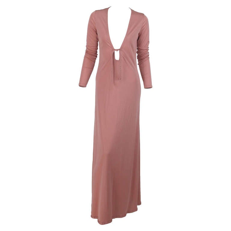 1970s John Kloss nude plunge front at home gown