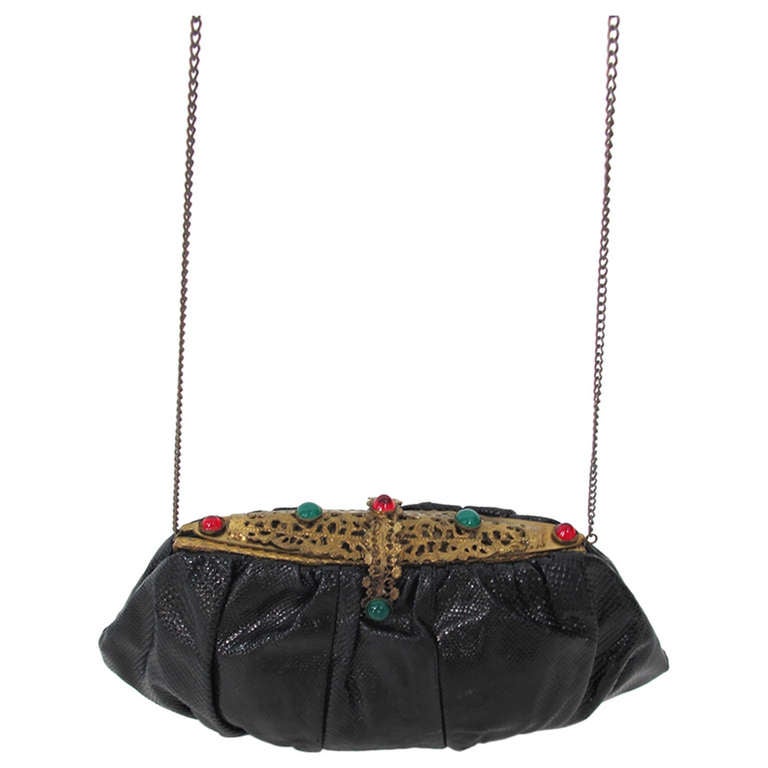 Rare 1960s Jacomo Paris jewel frame black lizard evening bag
