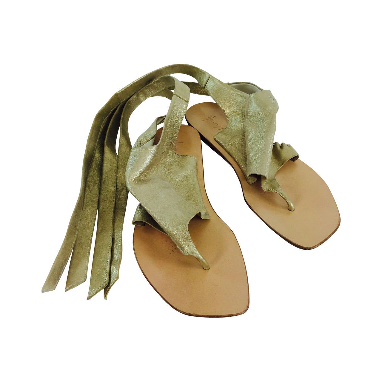 Henry Beguelin gold soft leather ankle wrap thong sandals 38