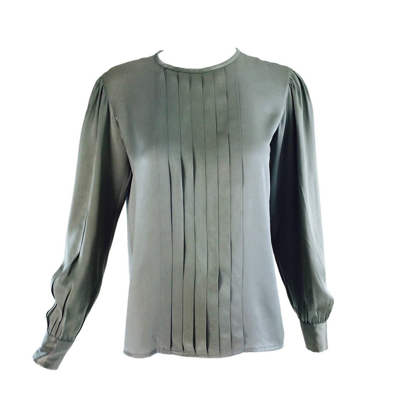 1970s Yves St Laurent silver grey silk satin pleat front blouse at 1stDibs