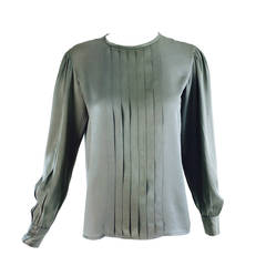 1970s Yves St Laurent silver grey silk satin pleat front blouse
